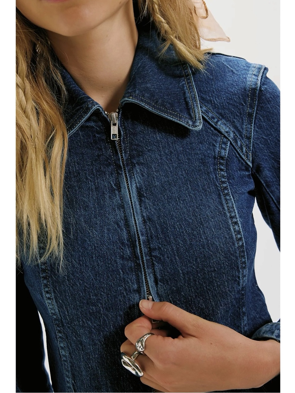 Free People Retro Y2K 90s Double Zip River Denim Jean Jacket in Blue NWT Large - Picture 5 of 11